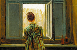 Painting of woman looking out of window by Friedrich